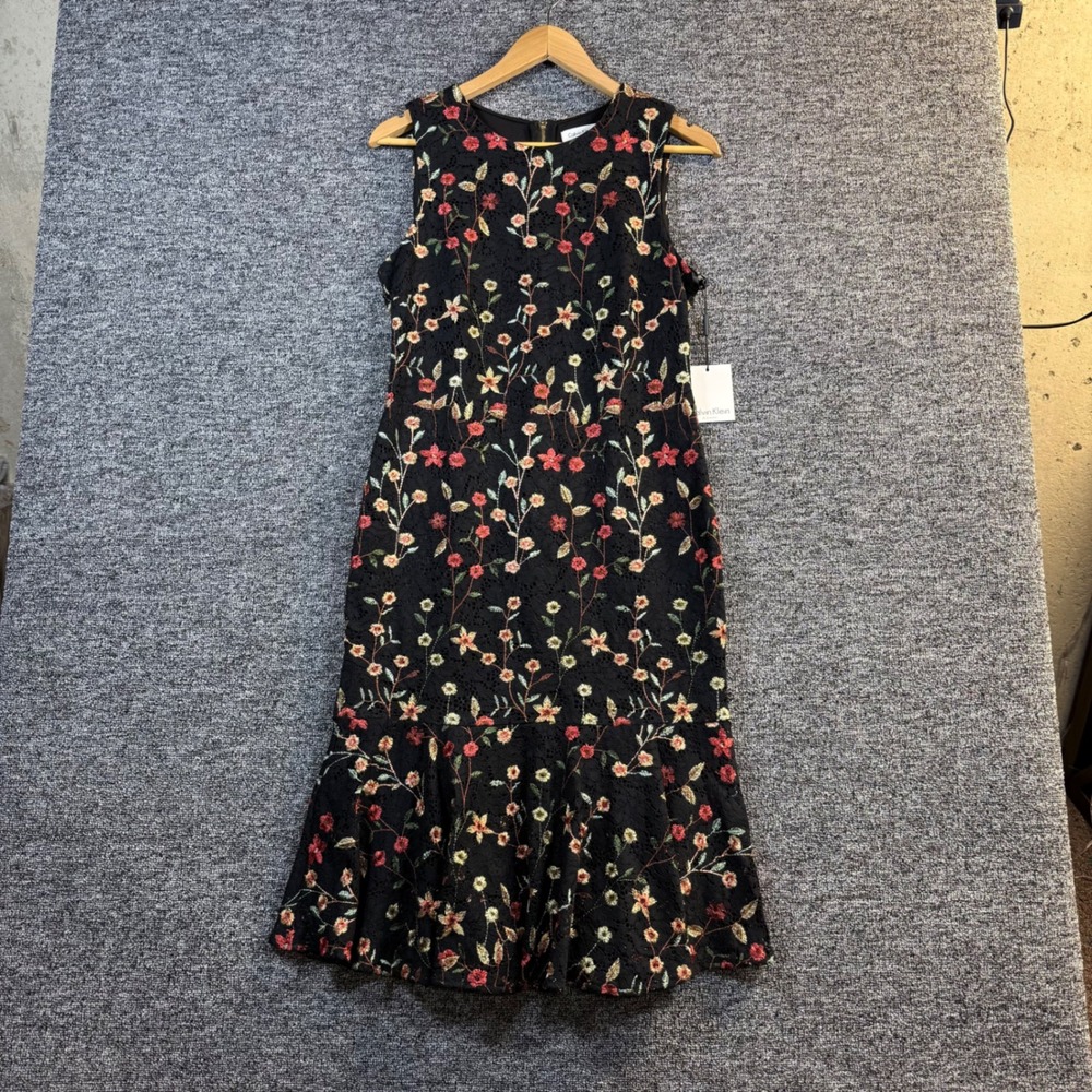 Calvin Klein Black Floral Embroidered Lace Ruffle Hem Midi Dress CD8L17QX NEW